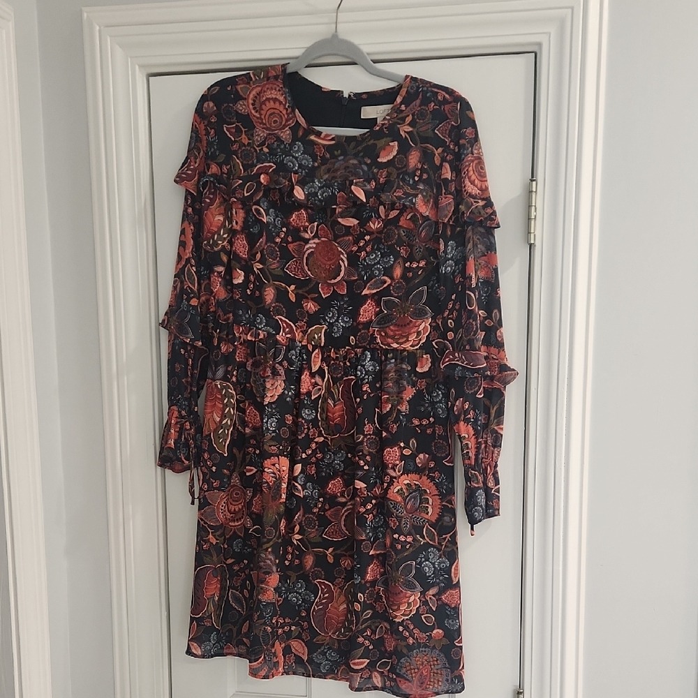 LOFT Black and Red Floral Long Sleeve Dress